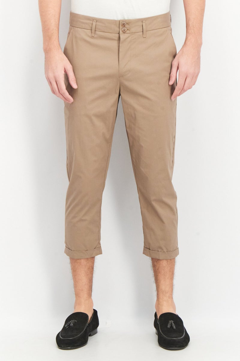 SELECTED Men Carrot Fit Crop Solid Dress Pants, Khaki - Image 1