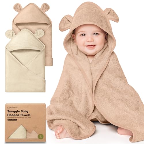 KeaBabies 2-Pack Hooded Baby Towels for Newborn - 35x35 Soft & Absorbent Viscose From Bamboo Baby Bath Towels with Hood for Infant, Toddler, Kids, Boys Girls, Newborn Bath Essentials (Almond, Regular)