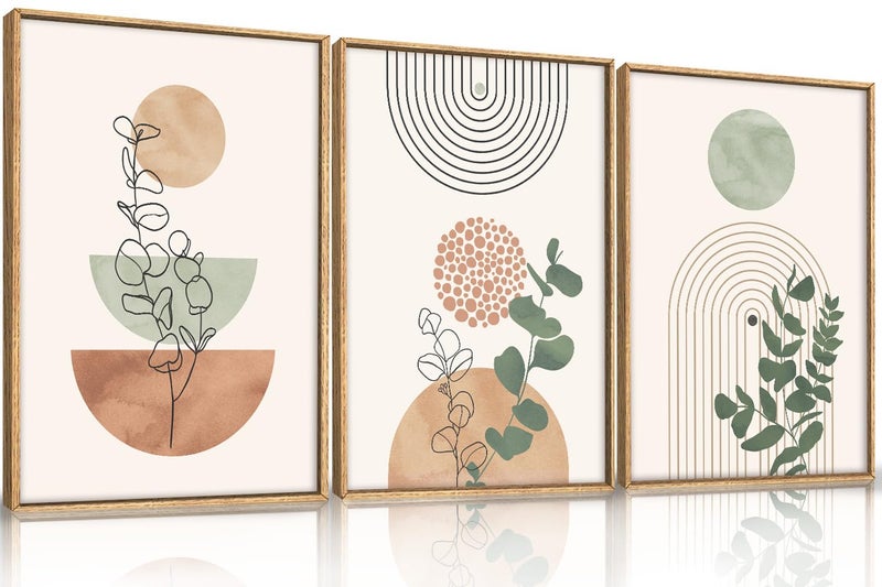 Ausril Boho Terracotta Green Framed Canvas Wall Art Set, Abstract Bohemian Wall Decor, Mid Century Modern Geometric Wall Painting, Neutral Botanical Art Print Living Room, Bedroom, Office 16"x24"x3 - Image 1