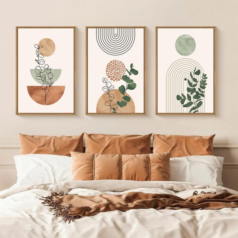 Ausril Boho Terracotta Green Framed Canvas Wall Art Set, Abstract Bohemian Wall Decor, Mid Century Modern Geometric Wall Painting, Neutral Botanical Art Print Living Room, Bedroom, Office 16"x24"x3 - Image 3