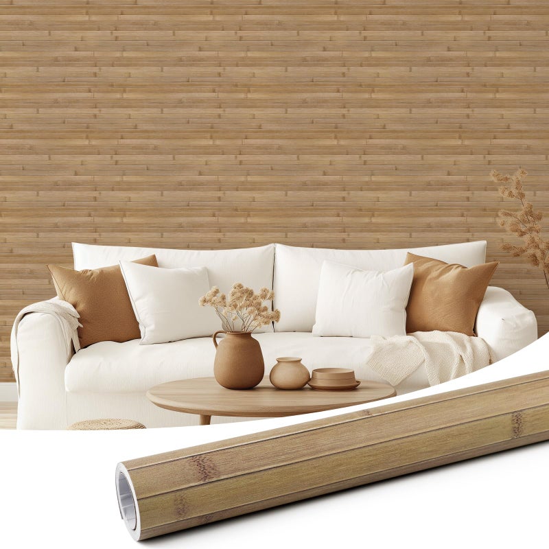 Yun-aeon ورق جدران لاصق من الخيزران مخطط بتصميم خشبي مزيف 17.3'' x 120'' ورق حائط ذاتي اللصق قابل للإزالة لغرفة النوم وغرفة المعيشة - لون كربوني مضغوط - Image 1