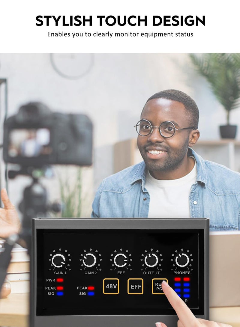 SYOSI Audio Interface 2x2Computer Professional Audio Interface USB 2.0 with Touch Model Bit 48 kHz Music Interface with 48V Phantom Power for Live Streaming Podcasting Audio Interface for Mac PC - Image 5