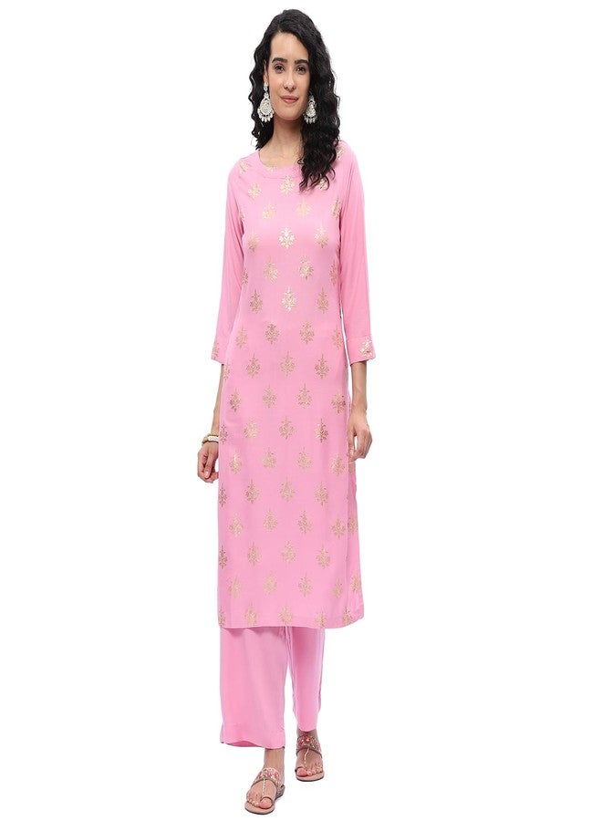 BIBA Women's Rayon Printed Straight Salwar Kurta Dupatta(SKD7451E_Pink_40), 2XL - Image 1