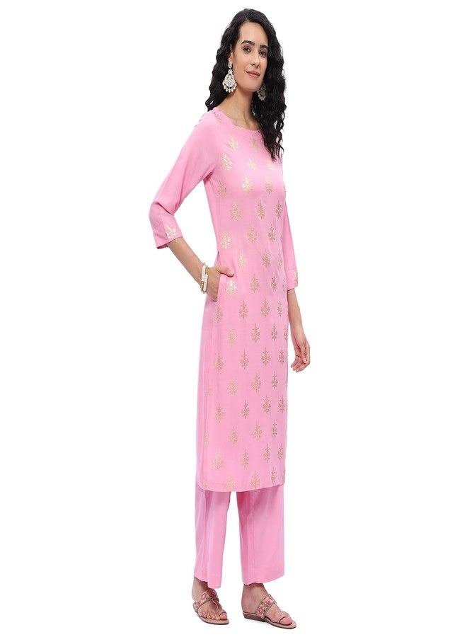 BIBA Women's Rayon Printed Straight Salwar Kurta Dupatta(SKD7451E_Pink_40), 2XL - Image 3