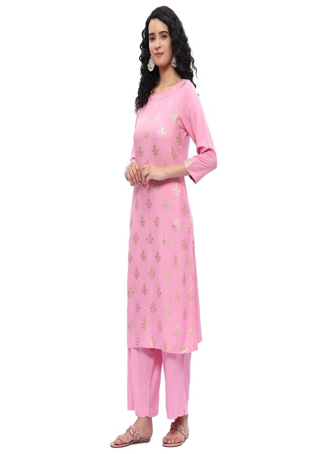 BIBA Women's Rayon Printed Straight Salwar Kurta Dupatta(SKD7451E_Pink_40), 2XL - Image 2