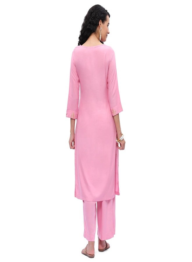 BIBA Women's Rayon Printed Straight Salwar Kurta Dupatta(SKD7451E_Pink_40), 2XL - Image 4