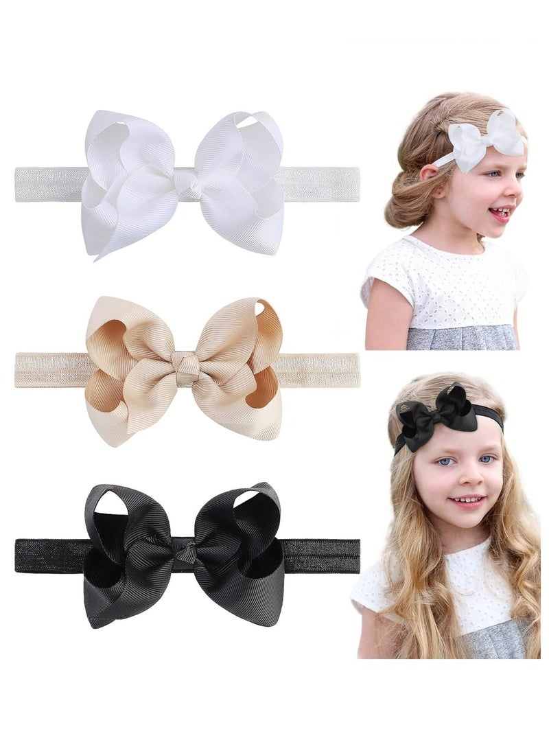 Loquat 3 Pcs 4 Grosgrain Ribbon Hair Bows for Baby Girls, Infants, Toddlers in Black, White, Khaki - Image 1
