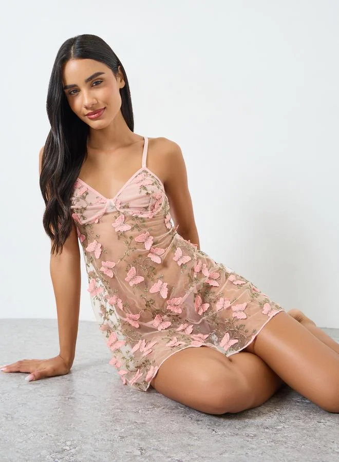 Styli Embroidered Mesh Babydoll with Brief