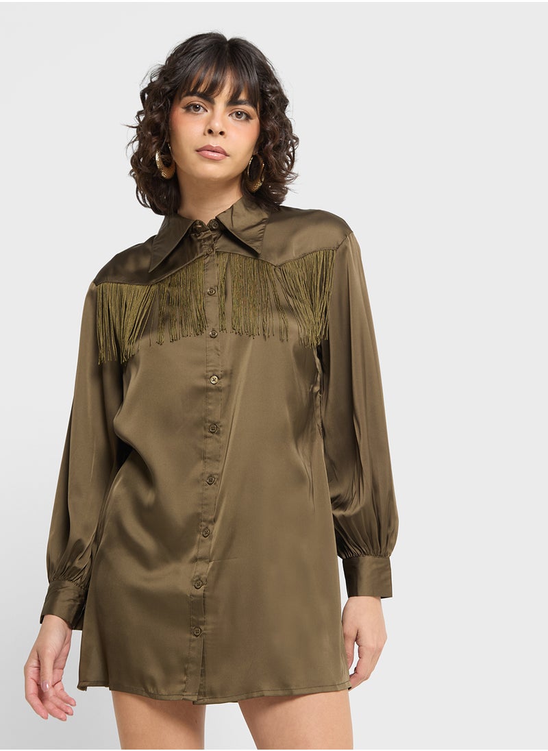 Jaded Rose Fringe Button Down Shirt Dress  - Image 1