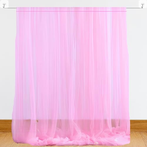 1iAM 5pcs Pink Decoration Net, Hook & Ribbon Combo - 2pcs Large, Hand Stitched, Nylon Made, Reusable, Wrinkled Free, 8.5x5ft Each, Backdrop Net Curtains & 2pcs Gummy Hooks & 1pc Black Ribbon - Image 1