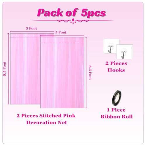1iAM 5pcs Pink Decoration Net, Hook & Ribbon Combo - 2pcs Large, Hand Stitched, Nylon Made, Reusable, Wrinkled Free, 8.5x5ft Each, Backdrop Net Curtains & 2pcs Gummy Hooks & 1pc Black Ribbon - Image 2
