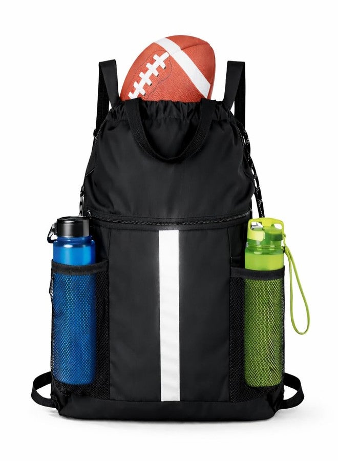 PPZ Drawstring Sports Backpack with Side Mesh Pockets, Lightweight Gym & Travel Bag with Water Bottle Holders for Fitness, Outdoor Activities and Daily Use - Black with White Stripe - Image 1