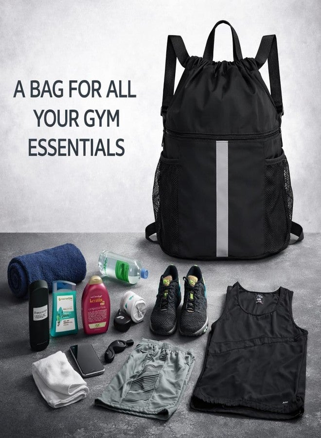 PPZ Drawstring Sports Backpack with Side Mesh Pockets, Lightweight Gym & Travel Bag with Water Bottle Holders for Fitness, Outdoor Activities and Daily Use - Black with White Stripe - Image 2