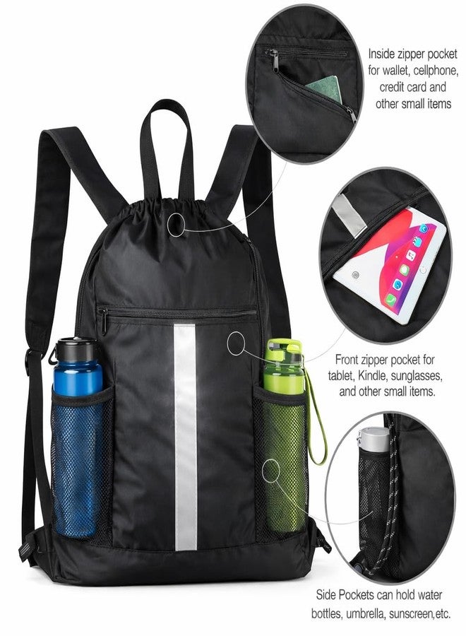 PPZ Drawstring Sports Backpack with Side Mesh Pockets, Lightweight Gym & Travel Bag with Water Bottle Holders for Fitness, Outdoor Activities and Daily Use - Black with White Stripe - Image 3