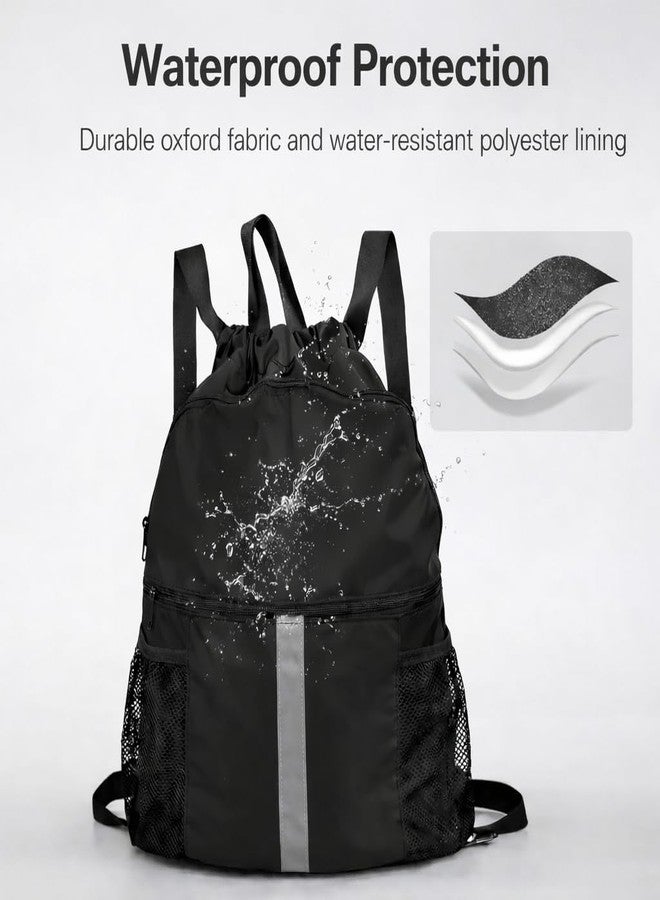 PPZ Drawstring Sports Backpack with Side Mesh Pockets, Lightweight Gym & Travel Bag with Water Bottle Holders for Fitness, Outdoor Activities and Daily Use - Black with White Stripe - Image 5