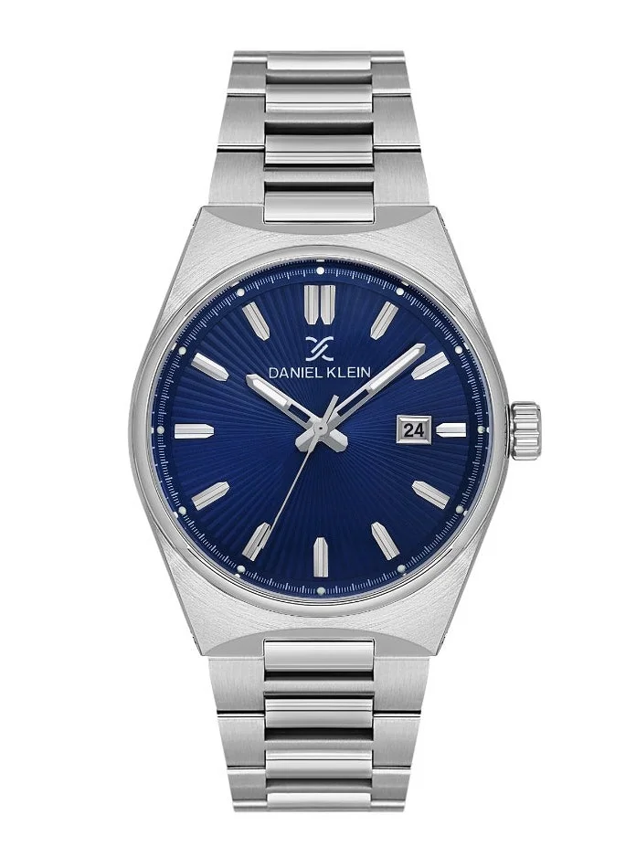 DANIEL KLEIN Men's Stainless Steel Silver Alloy Case Analog Blue Round Emboss Dial Japanese Quartz Premium 50 Meters Water Resistant