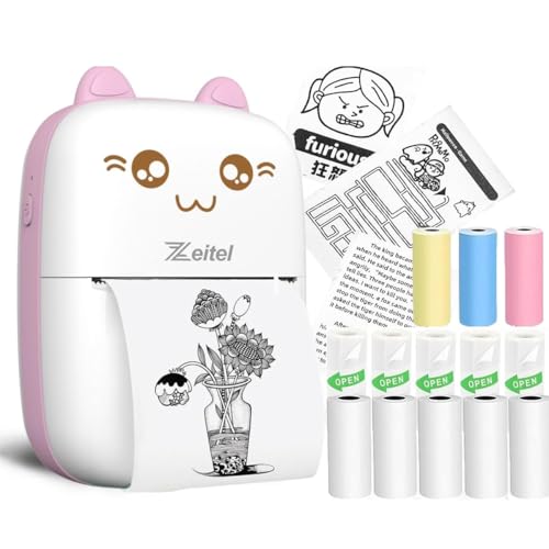 Zeitel® Mini Bluetooth Thermal Printer, Portable Label Printer Inkfree Printer for Android & iOS System, Black on White Thermal Printer with 13 Roll of Print Paper, Stickers, Pink - Image 1