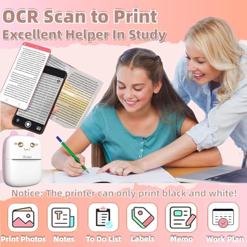 Zeitel® Mini Bluetooth Thermal Printer, Portable Label Printer Inkfree Printer for Android & iOS System, Black on White Thermal Printer with 13 Roll of Print Paper, Stickers, Pink - Image 2