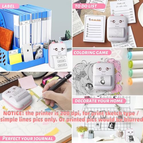 Zeitel® Mini Bluetooth Thermal Printer, Portable Label Printer Inkfree Printer for Android & iOS System, Black on White Thermal Printer with 13 Roll of Print Paper, Stickers, Pink - Image 3