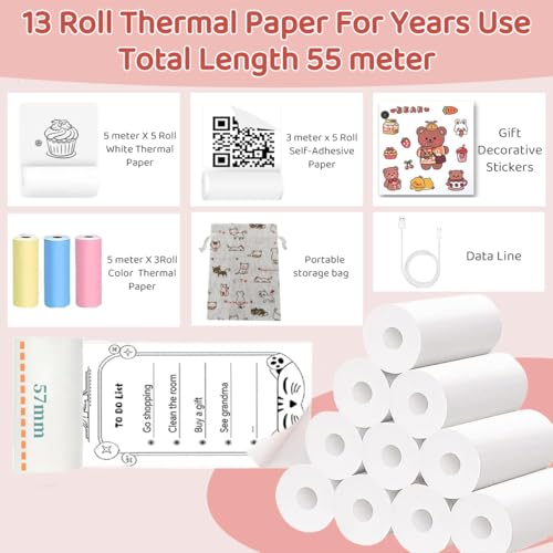 Zeitel® Mini Bluetooth Thermal Printer, Portable Label Printer Inkfree Printer for Android & iOS System, Black on White Thermal Printer with 13 Roll of Print Paper, Stickers, Pink - Image 4