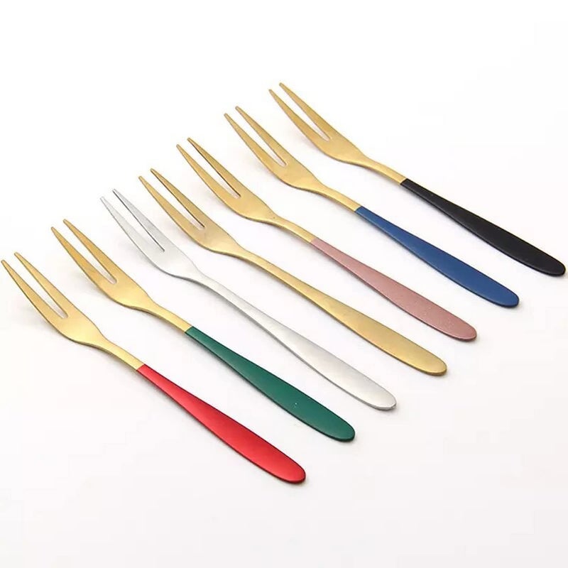 DHRUSIMI Appetizer Dessert Forks 304 Stainless Steel Fruit Forks Set Colorful Mini Salad Fruit Fork for Party Banquet Cocktail Dessert Fruit Cakes Afternoon Tea Wedding Random 53IN Pack of 8 - Image 1