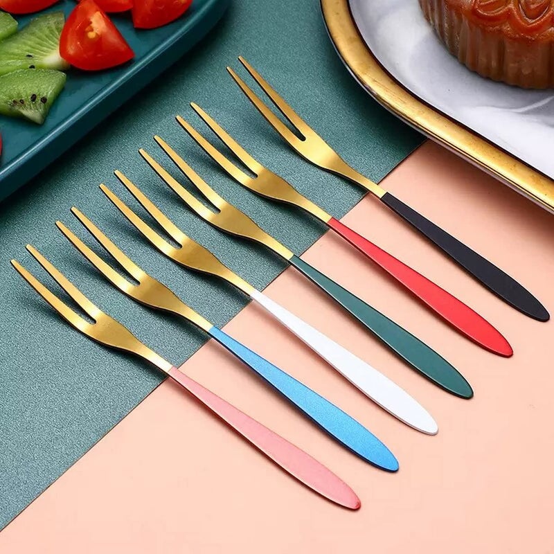 DHRUSIMI Appetizer Dessert Forks 304 Stainless Steel Fruit Forks Set Colorful Mini Salad Fruit Fork for Party Banquet Cocktail Dessert Fruit Cakes Afternoon Tea Wedding Random 53IN Pack of 8 - Image 3