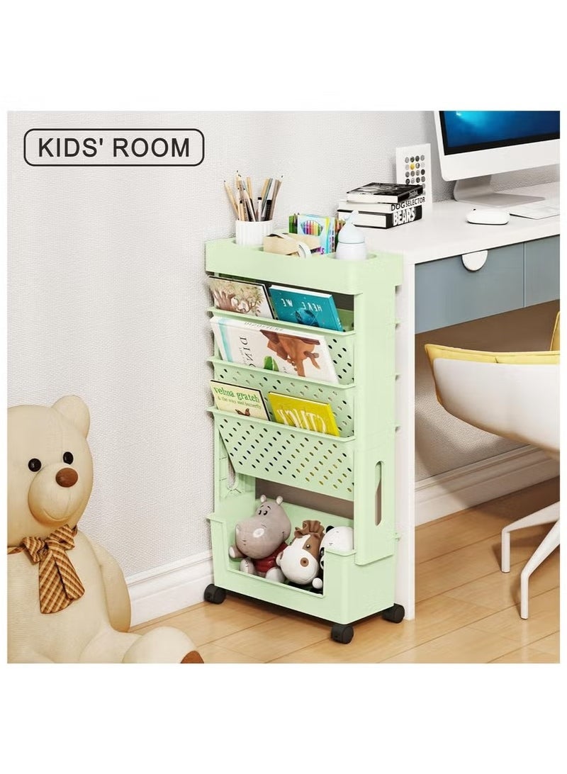 Beauenty 5 Tier Rolling Utility Cart Multi-Functional Movable Storage Book Shelves with Lockable Casters for Study Office Kitchen Living Room Classroom - Image 4