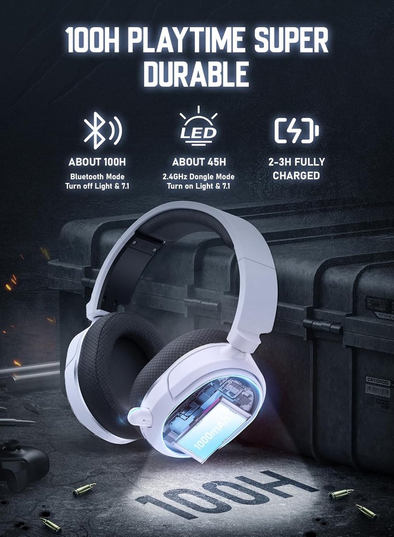 بيكن سماعه قيمنق لاسلكية G2، صوت محيطي 7.1، سماعات ألعاب USB 2.4 جيجاهرتز، بلوتوث 5.4، ميكروفون إلغاء الضوضاء لمدة 100 ساعة، إضاءة RGB، سماعة رأس لاسلكية لأجهزة الكمبيوتر PS5 PS4 Mac Switch، وضع سلكي مناسب لأجهزة Xbox، أبيض - Image 4