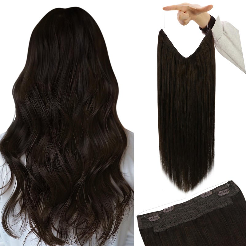 YoungSee 85G Invisible Wire Human Hair Extensions Dark Brown Wire Hair Extensions Darkest Brown Fish Line Extensions Natural Hair for Women 14Inch - Image 1