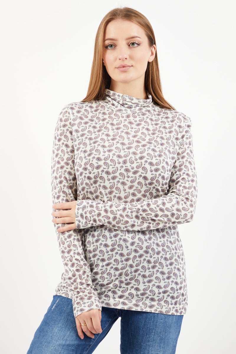 ESPRIT Women High Neck Long Sleeves Allover Print Blouse, White Combo - Image 1