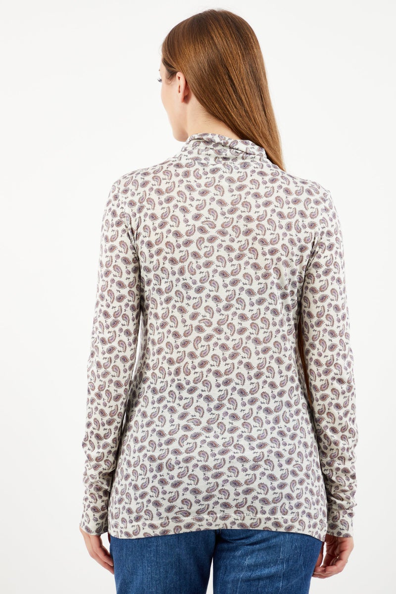 ESPRIT Women High Neck Long Sleeves Allover Print Blouse, White Combo - Image 2