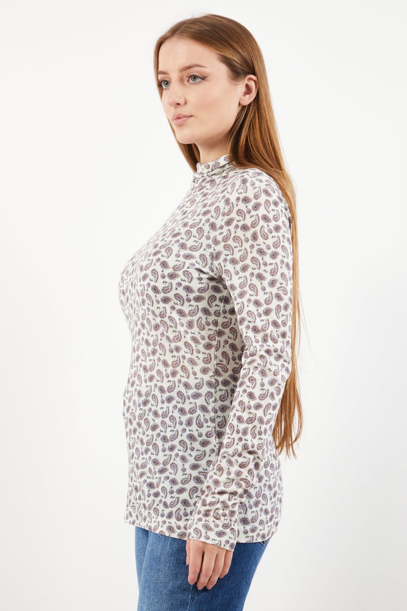 ESPRIT Women High Neck Long Sleeves Allover Print Blouse, White Combo - Image 3