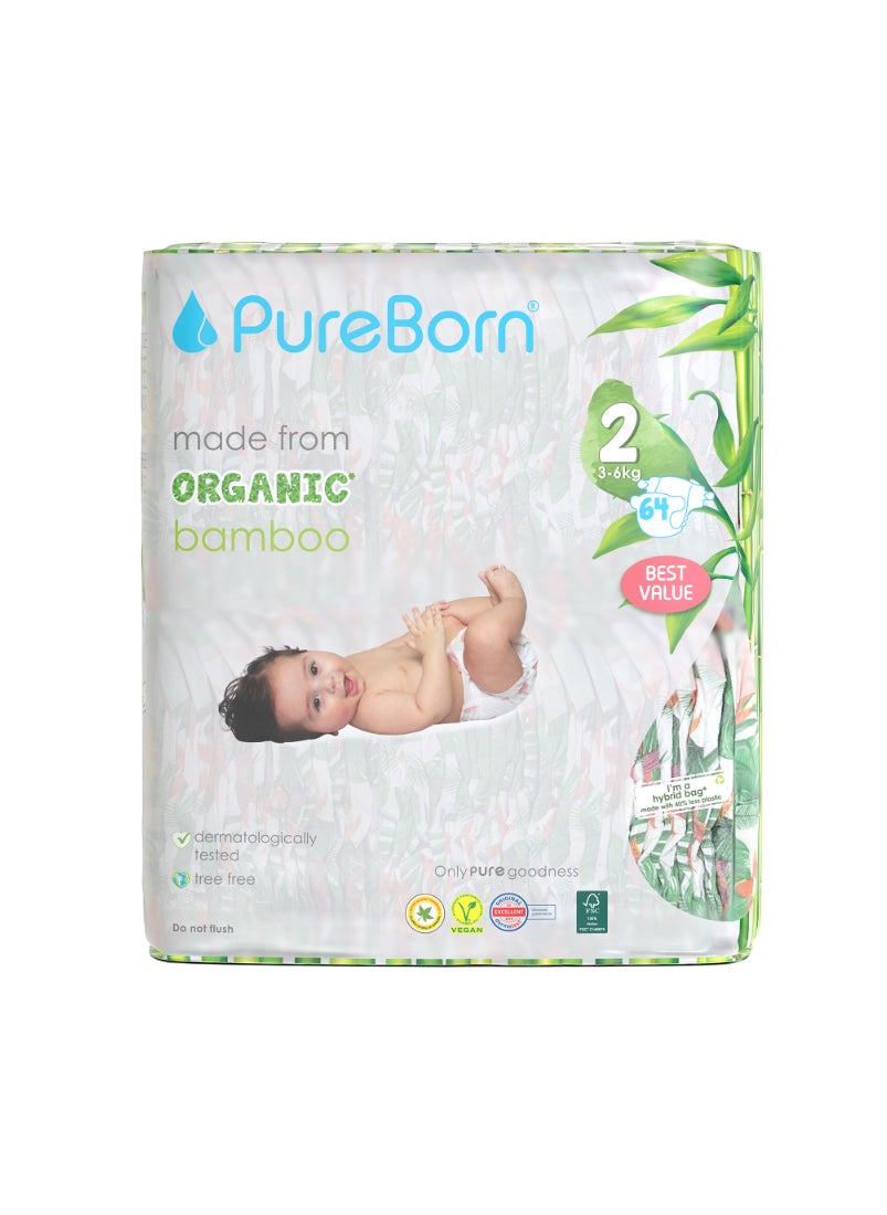 PureBorn Organic Diapers Size-2 3-6kg Twin Value Pack Tropic Print 64 Diapers  - Image 1
