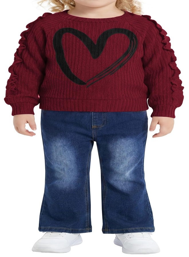 VOGRYE Toddler Girl Outfit Set - Ruffle Heart Sweatshirt Wide Leg Jeans Soft Cotton 2-Piece for 12M-5T - Image 3