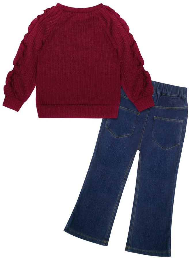 VOGRYE Toddler Girl Outfit Set - Ruffle Heart Sweatshirt Wide Leg Jeans Soft Cotton 2-Piece for 12M-5T - Image 2