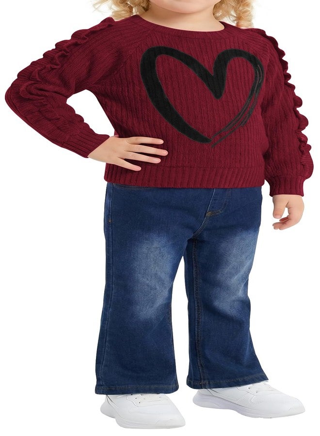 VOGRYE Toddler Girl Outfit Set - Ruffle Heart Sweatshirt Wide Leg Jeans Soft Cotton 2-Piece for 12M-5T - Image 4