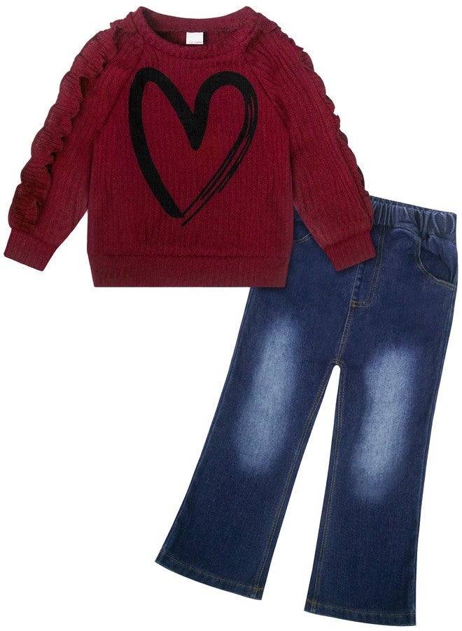VOGRYE Toddler Girl Outfit Set - Ruffle Heart Sweatshirt Wide Leg Jeans Soft Cotton 2-Piece for 12M-5T - Image 1