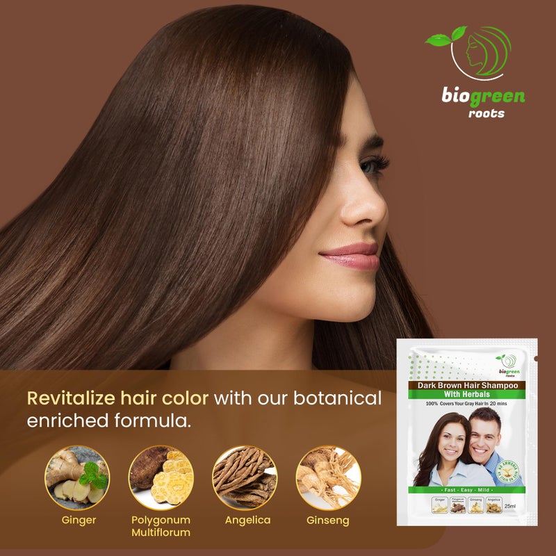 BIOGREEN ROOTS Ammonia-Free & Paraben Free Herbal Hair Shampoo - Hair Dye Shampoo for Women & Men - Natural Color & Herbal Nourishment - No Stain on Skin - Dark Brown (10 sachets x 25ml) - Image 5