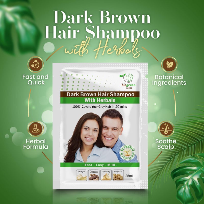 BIOGREEN ROOTS Ammonia-Free & Paraben Free Herbal Hair Shampoo - Hair Dye Shampoo for Women & Men - Natural Color & Herbal Nourishment - No Stain on Skin - Dark Brown (10 sachets x 25ml) - Image 2