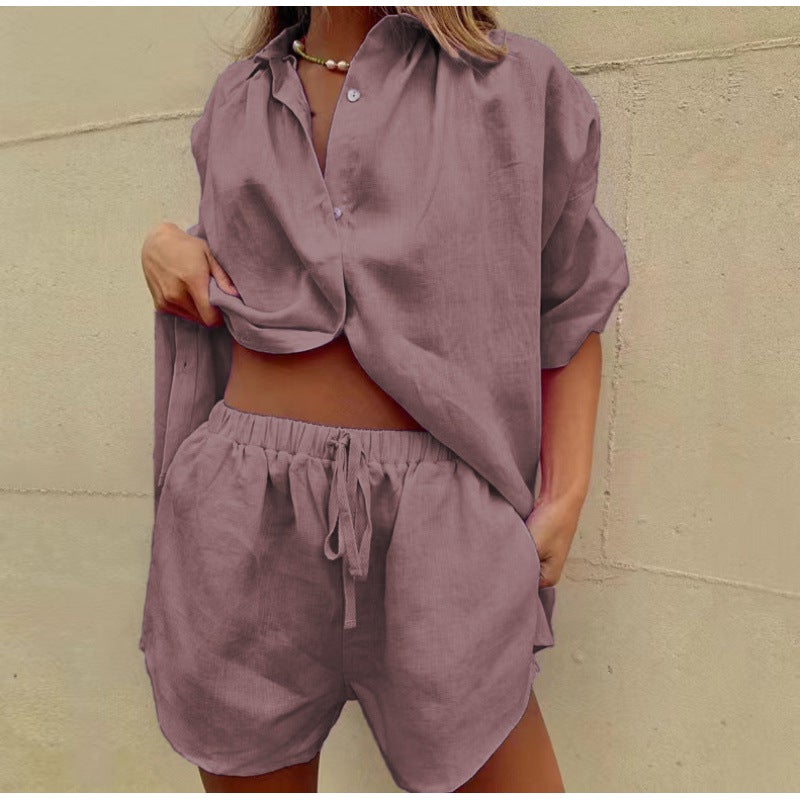 European and American 2025 New Summer Womens Solid Color Single-Breasted Short-Sleeved Shirt Two-Piece Wide-Leg Pants Lace-Up Shorts Added lotus root pink 