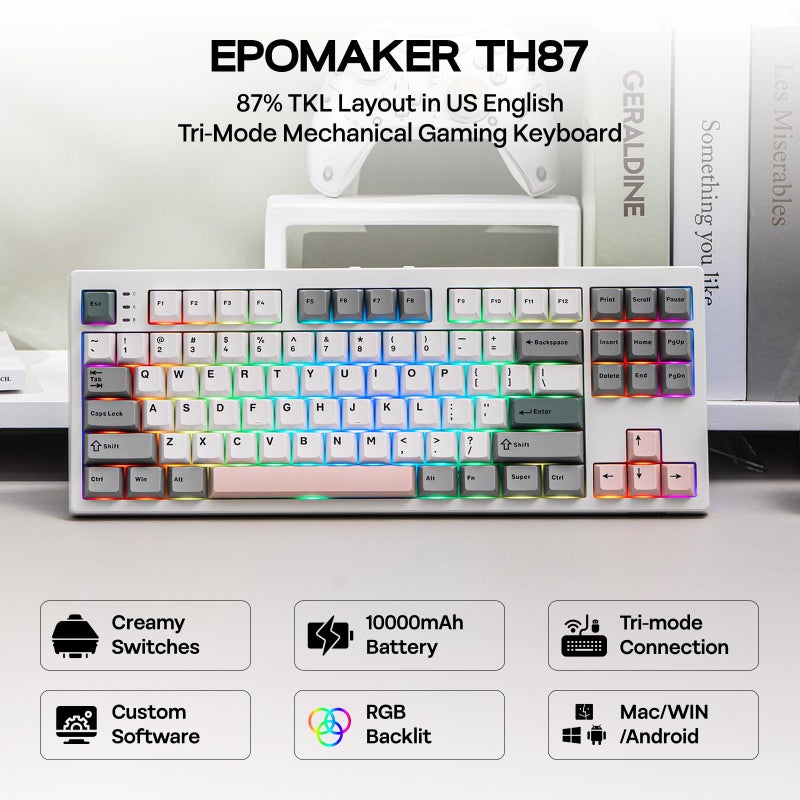 EPOMAKER TH87 Wireless Mechanical Keyboard with 10000mAh Battery, BT/2.4GHz/Wired, Hot Swappable Custom, PBT Keycap, RGB Backlit, Gasket, TKL Gaming Keyboard for PC/Mac (Creamy Jade Switch) - Image 2