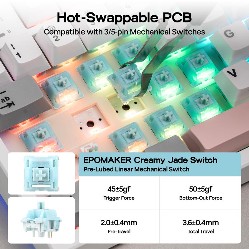 EPOMAKER TH87 Wireless Mechanical Keyboard with 10000mAh Battery, BT/2.4GHz/Wired, Hot Swappable Custom, PBT Keycap, RGB Backlit, Gasket, TKL Gaming Keyboard for PC/Mac (Creamy Jade Switch) - Image 4