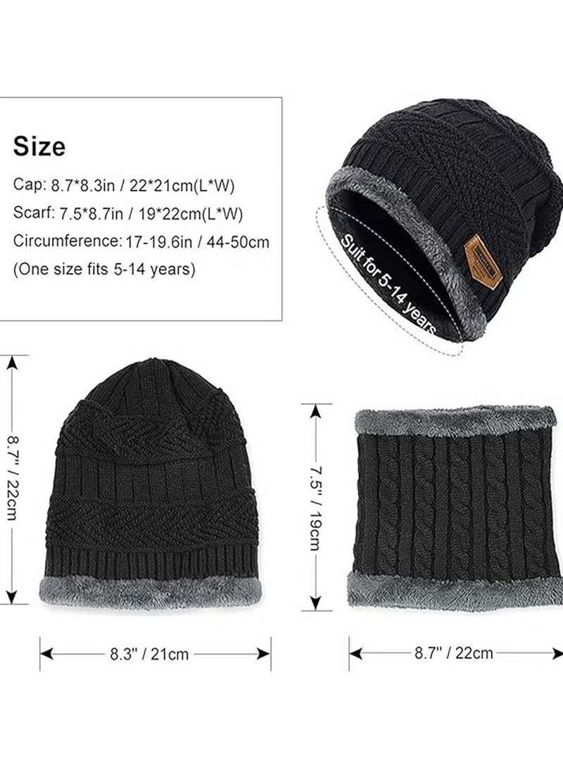 Kids Winter Knitted Beanie Hat and Scarf Set, for boys girls for 5-14 Years Old,Black - Image 3