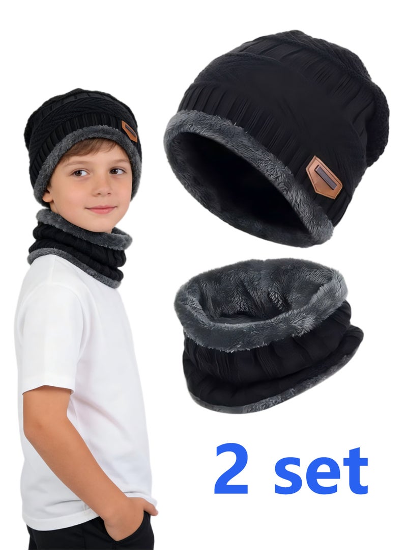 Kids Winter Knitted Beanie Hat and Scarf Set, for boys girls for 5-14 Years Old,Black - Image 1