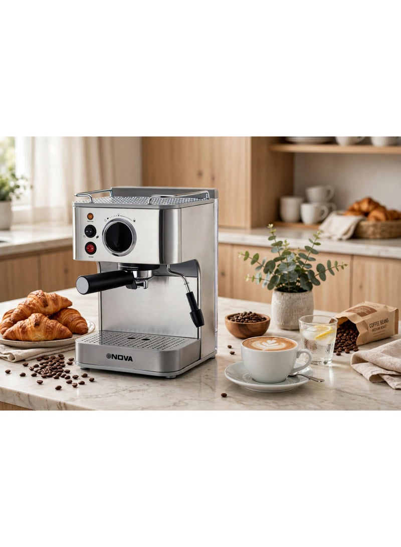 NOVA NCM-140EXPS Stainless Steel Espresso Coffee Machine, 15 Bar Italian-Style Pump Pressure with Adjustable Milk Frothing Wand, Removable Drip Tray and Reusable Filter, Excellent Choice for Fresh Espresso, Cappuccino and Latte - Image 1