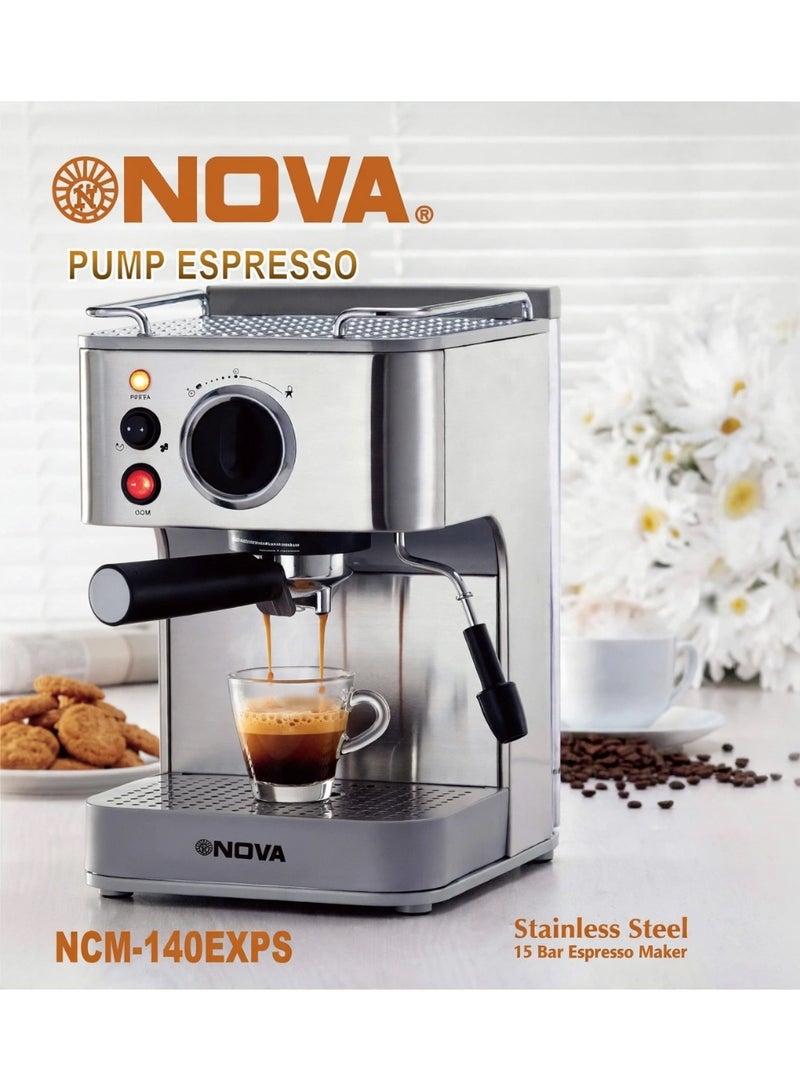NOVA NCM-140EXPS Stainless Steel Espresso Coffee Machine, 15 Bar Italian-Style Pump Pressure with Adjustable Milk Frothing Wand, Removable Drip Tray and Reusable Filter, Excellent Choice for Fresh Espresso, Cappuccino and Latte - Image 3