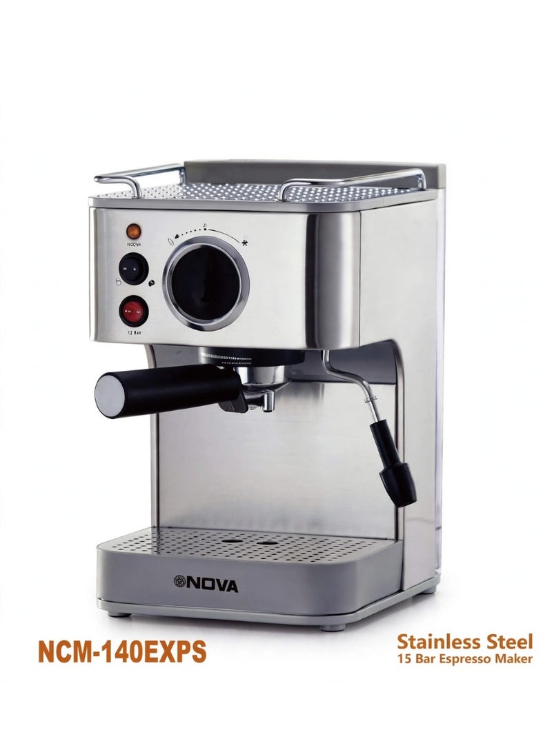 NOVA NCM-140EXPS Stainless Steel Espresso Coffee Machine, 15 Bar Italian-Style Pump Pressure with Adjustable Milk Frothing Wand, Removable Drip Tray and Reusable Filter, Excellent Choice for Fresh Espresso, Cappuccino and Latte - Image 2