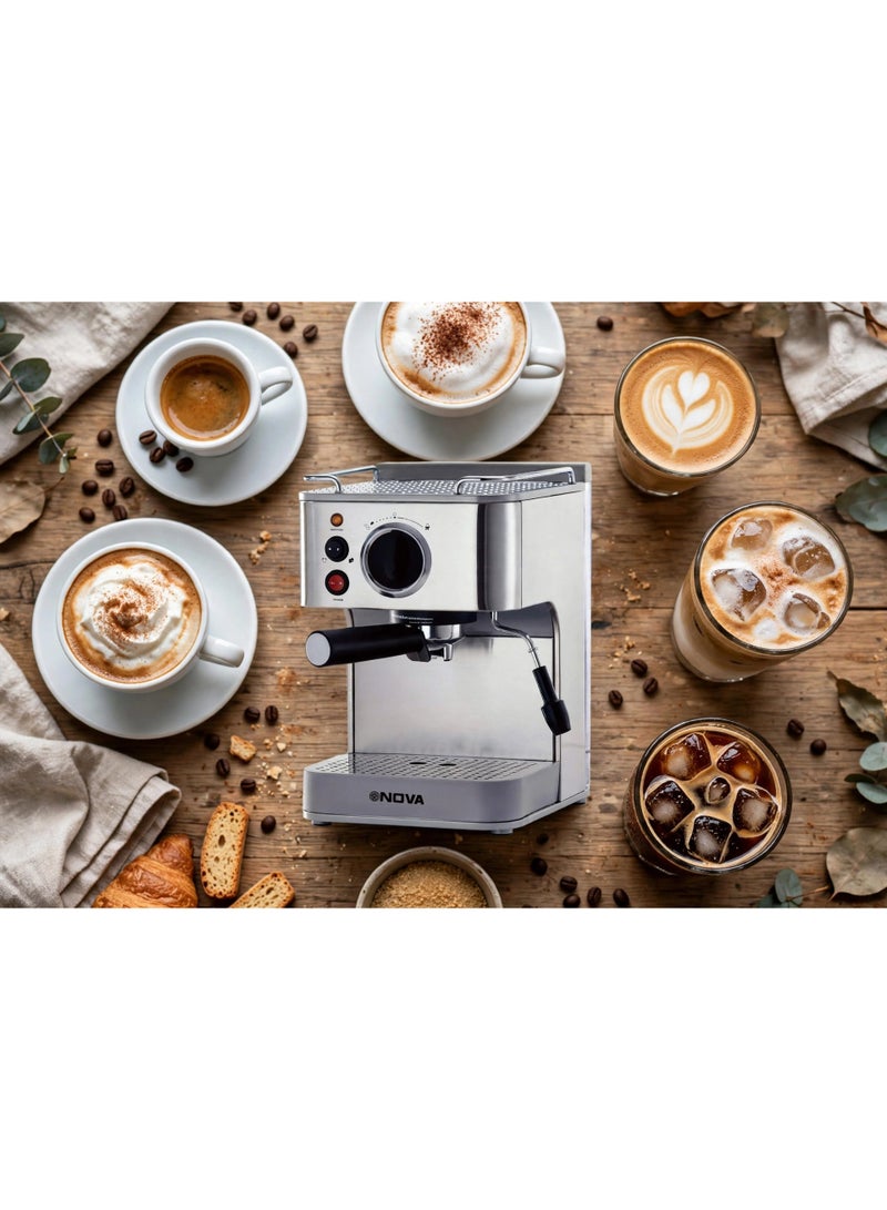 NOVA NCM-140EXPS Stainless Steel Espresso Coffee Machine, 15 Bar Italian-Style Pump Pressure with Adjustable Milk Frothing Wand, Removable Drip Tray and Reusable Filter, Excellent Choice for Fresh Espresso, Cappuccino and Latte - Image 4