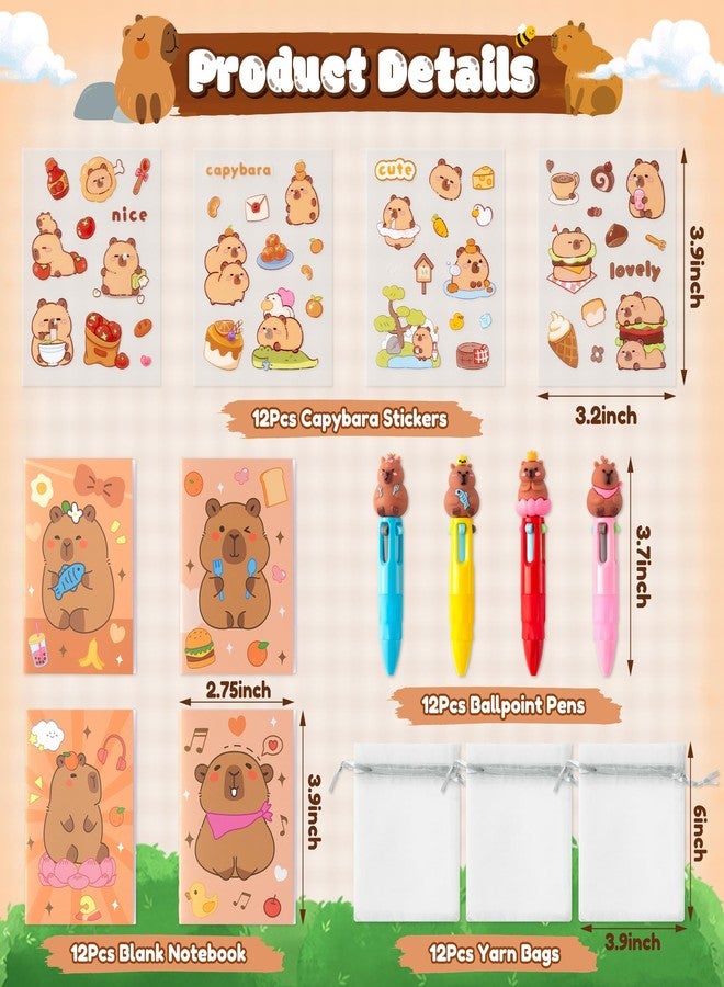 CY2SIDE Capybara Stationery Party Gift - 12 Pack Christmas Gifts with Fun Animal Color 4-in-1 Ballpoint Pen Sticky Note Sticker and Organza, Capybara Party Favor Goodie Bag Fillers for School Reward - Image 2
