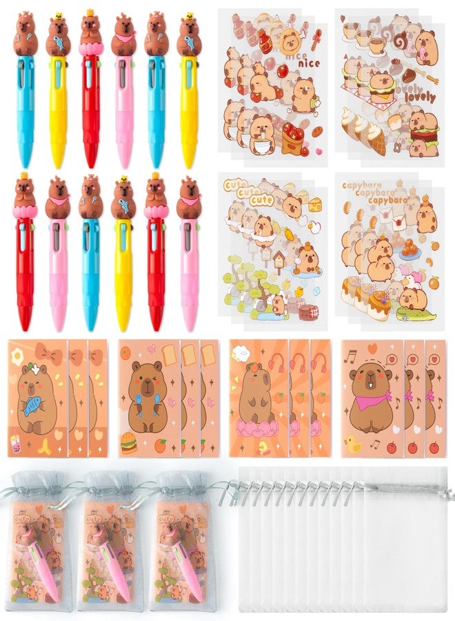 CY2SIDE Capybara Stationery Party Gift - 12 Pack Christmas Gifts with Fun Animal Color 4-in-1 Ballpoint Pen Sticky Note Sticker and Organza, Capybara Party Favor Goodie Bag Fillers for School Reward - Image 1